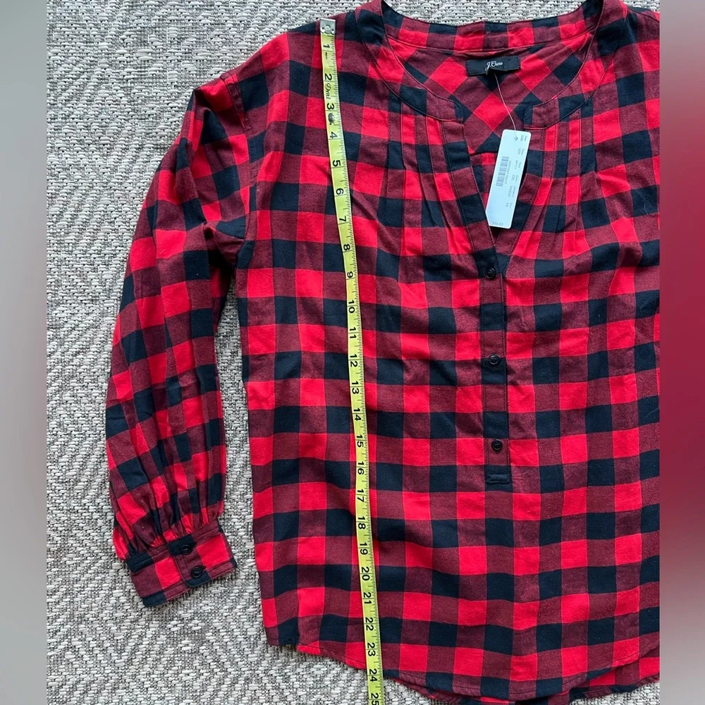 NWT J. Crew Red Black‎ Buffalo Plaid Cotton Popover Tunic Blouse XS Cabincore